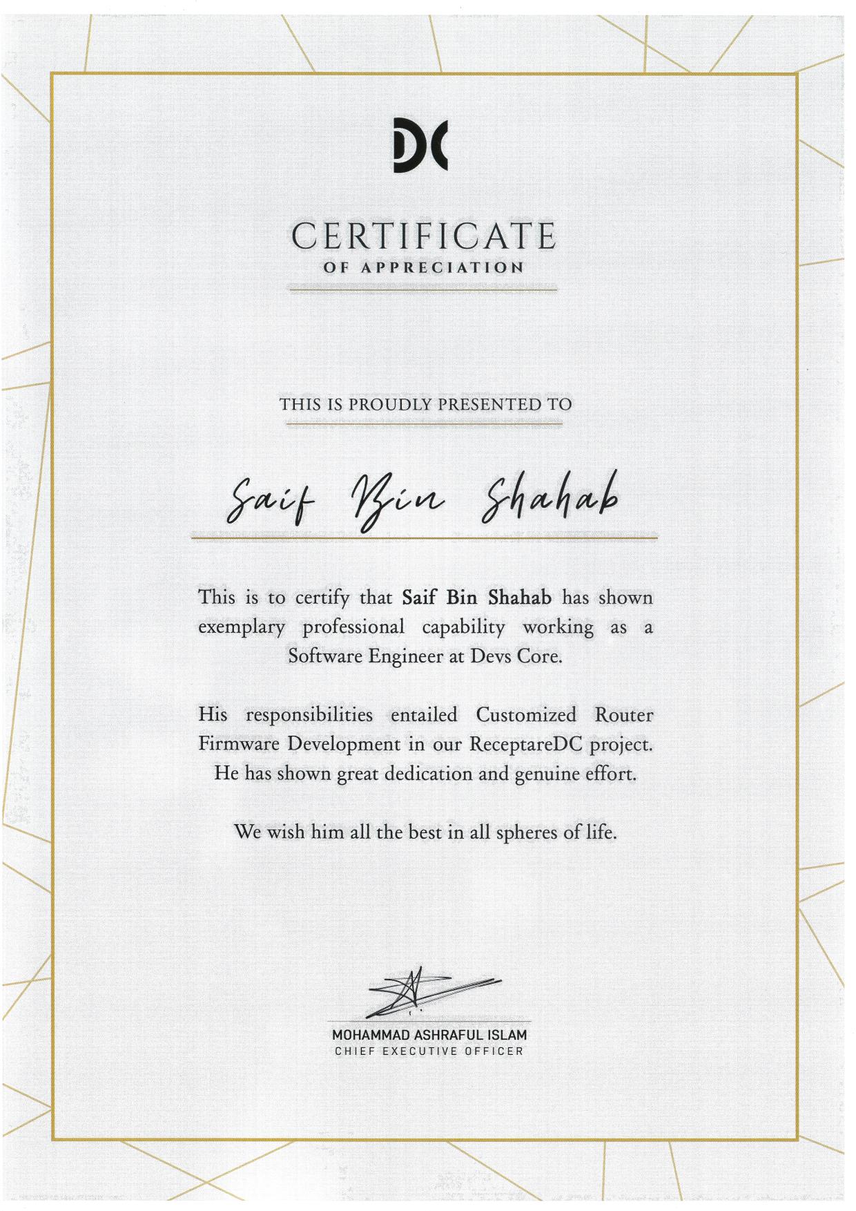 Certificate of Appreciation